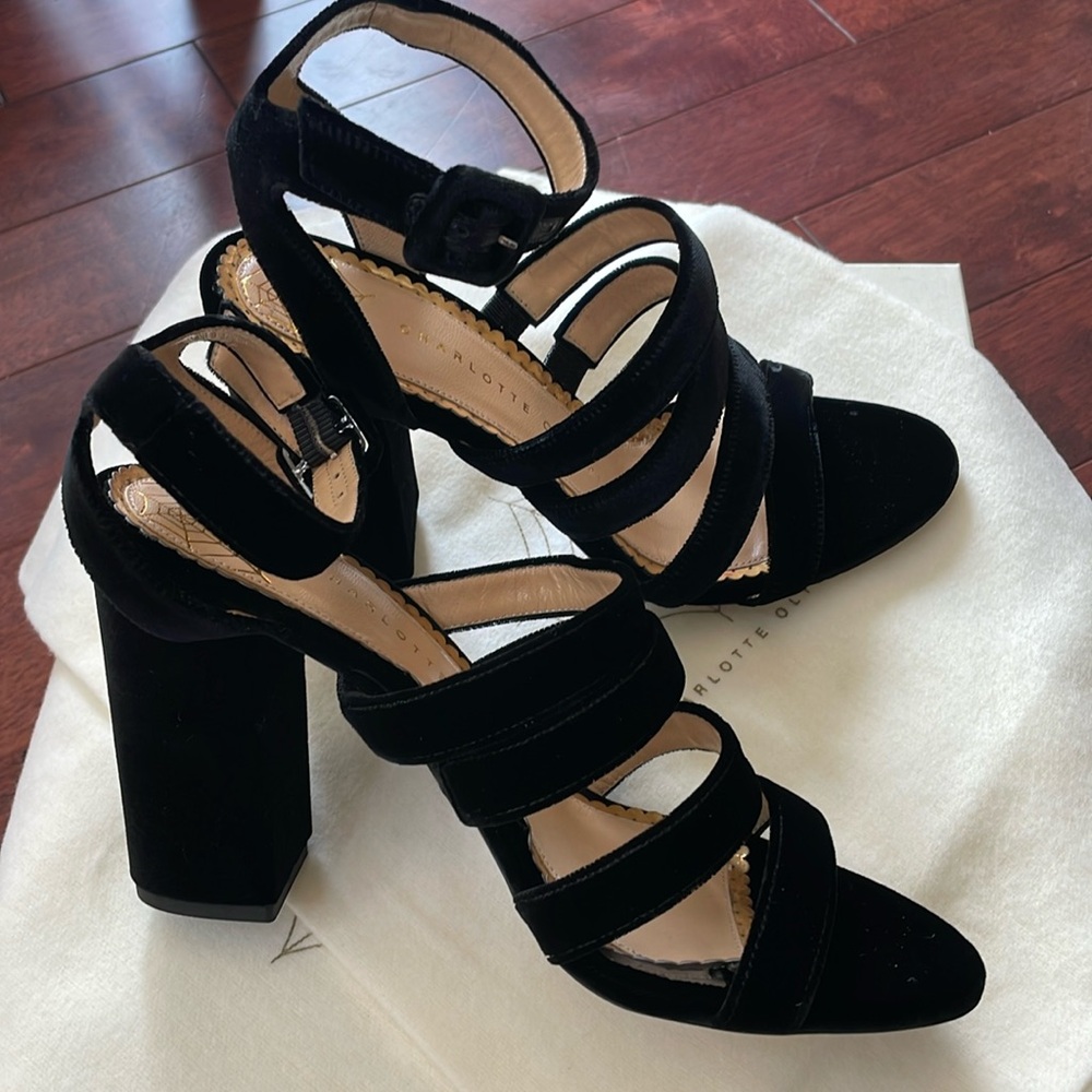 NIB Charlotte Olympia Italy Christie Black Strappy Velvet & Leather Heels 37